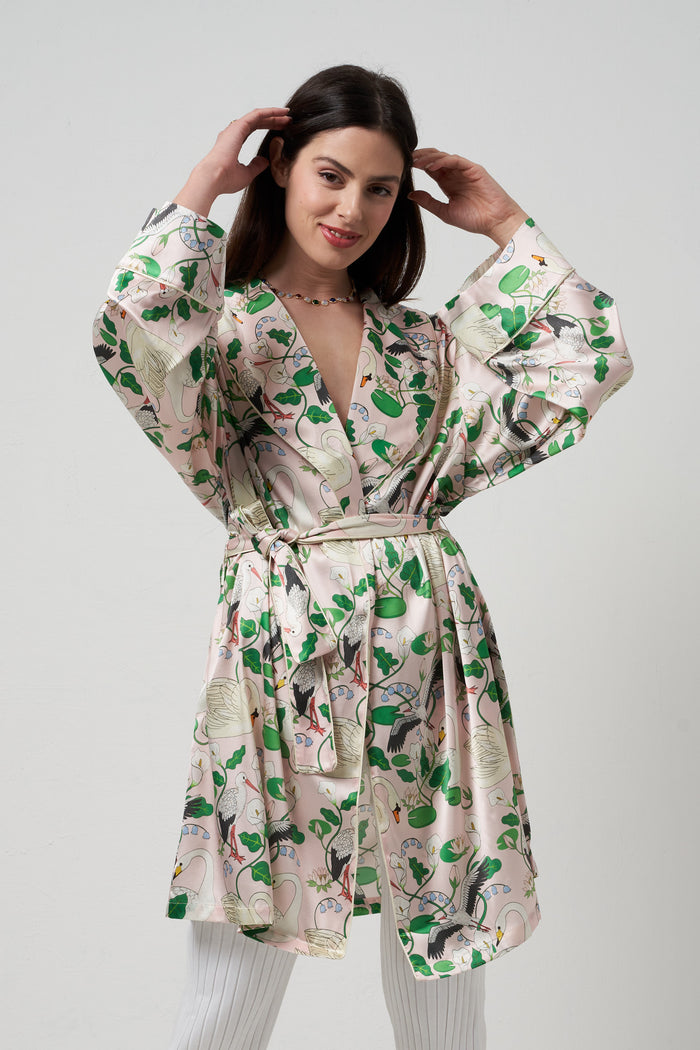 Botanical garden peach silk short dressing gown Karen Mabon - Karen Mabon Ltd | M11 Shop