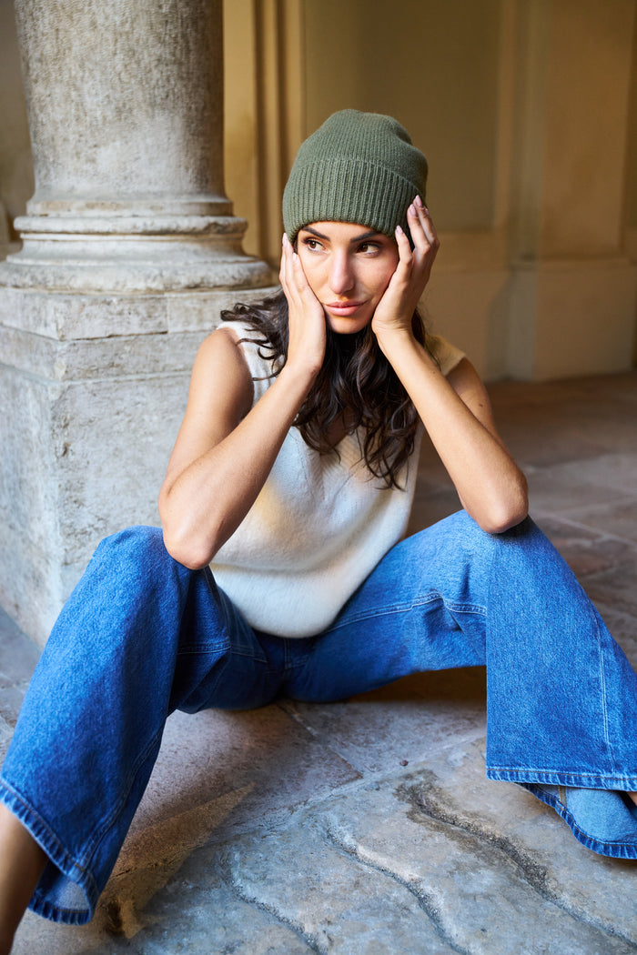 Beretto con risvolto a coste 100% cashmere Palme | M11 Shop