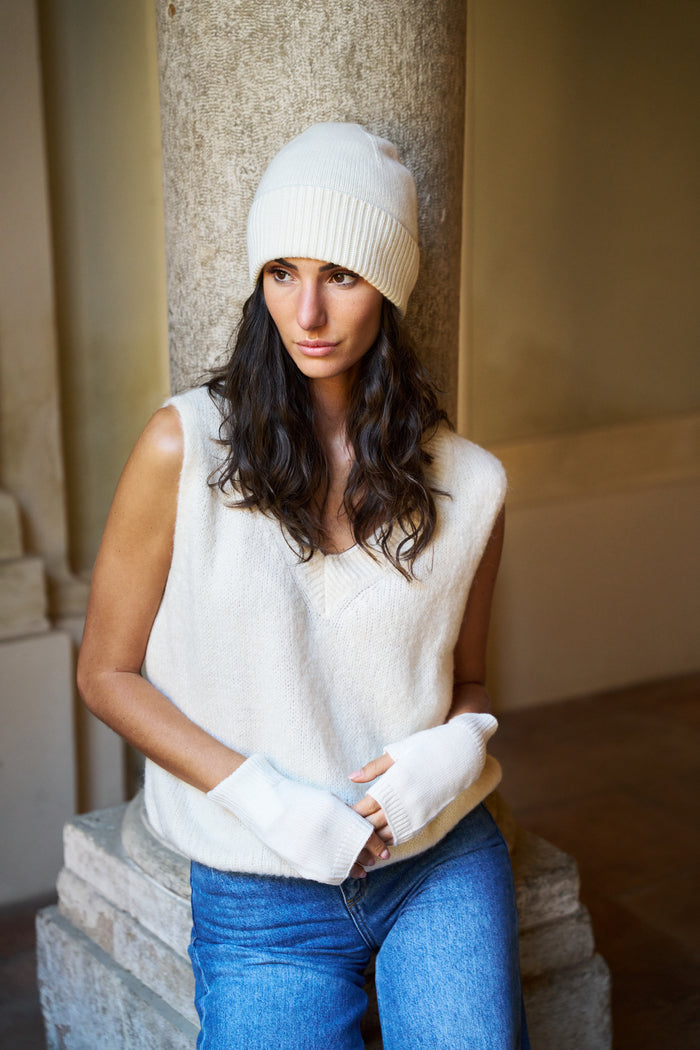 Beretto con risvolto a coste 100% cashmere Palme | M11 Shop