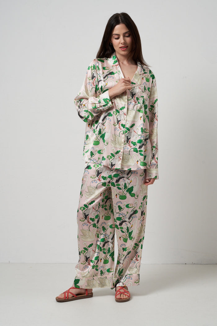 Botanical garden peach pajamas with long trousers in Karen Mabon silk | M11 Shop