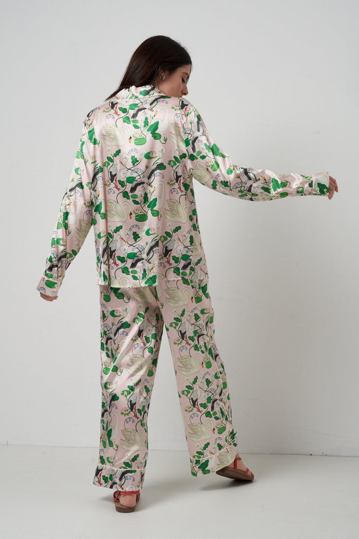 Botanical garden peach pajamas with long trousers in Karen Mabon silk | M11 Shop