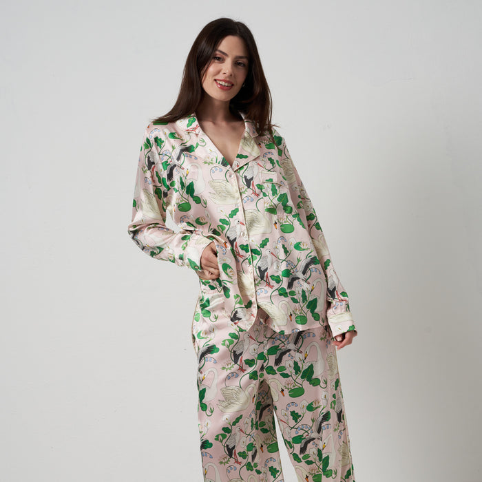 Botanical garden peach pajamas with long trousers in Karen Mabon silk | M11 Shop