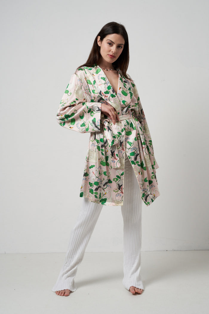 Botanical garden peach silk short dressing gown Karen Mabon | M11 Shop