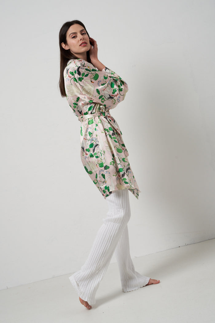 Botanical garden peach silk short dressing gown Karen Mabon | M11 Shop