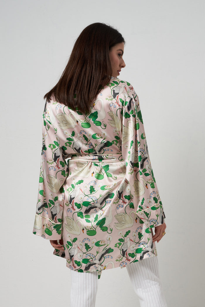Botanical garden peach silk short dressing gown Karen Mabon | M11 Shop