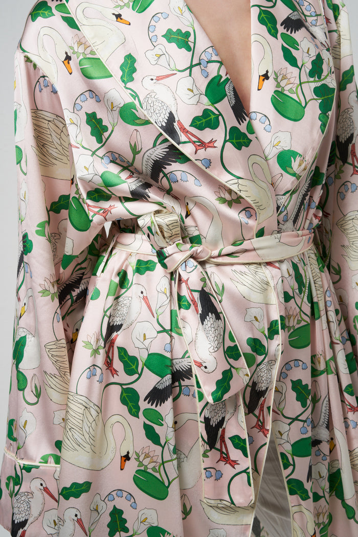 Botanical garden peach silk short dressing gown Karen Mabon | M11 Shop
