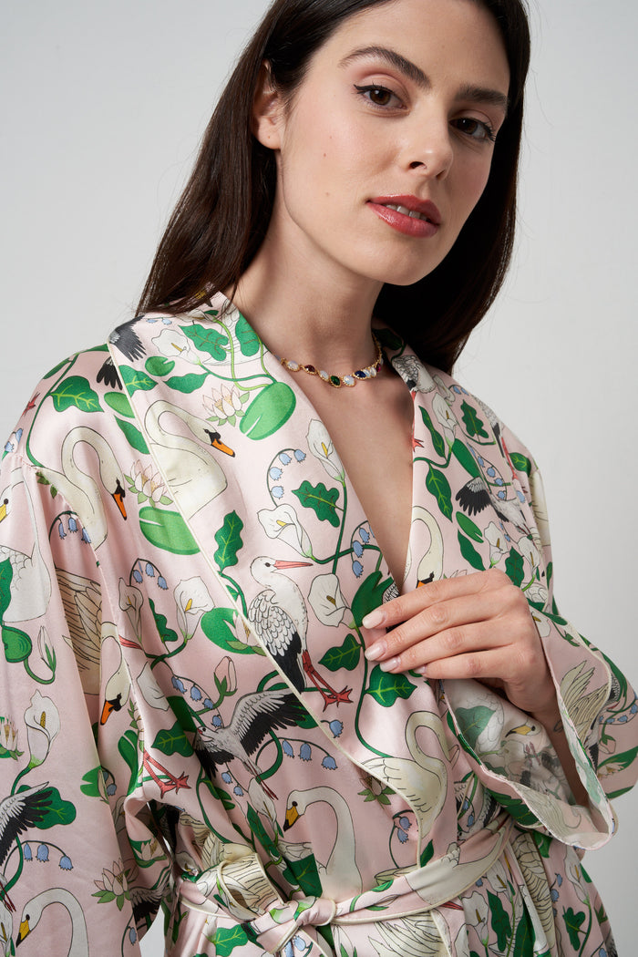 Botanical garden peach silk short dressing gown Karen Mabon | M11 Shop