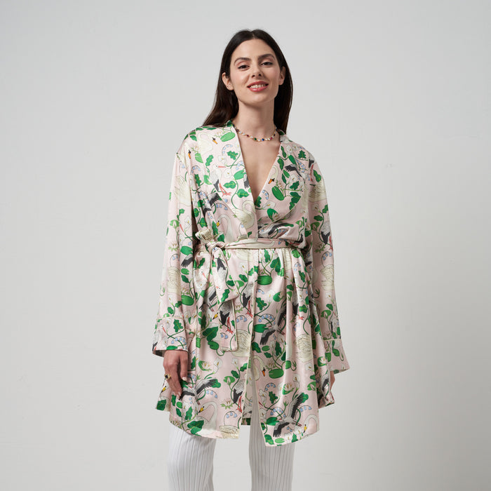 Botanical garden peach silk short dressing gown Karen Mabon | M11 Shop